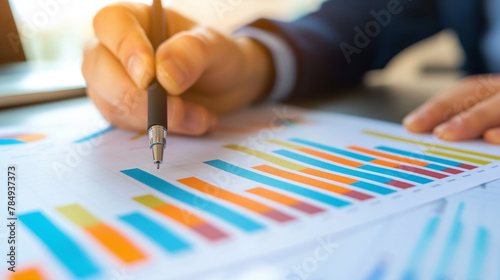 3d Statistik Datenauswertung am Chart mit Datenanalyse Auswertung von Daten und Fakten mit Stift und Finger drauf zeigen schwebend als Hologramm in der Hand Generative AI