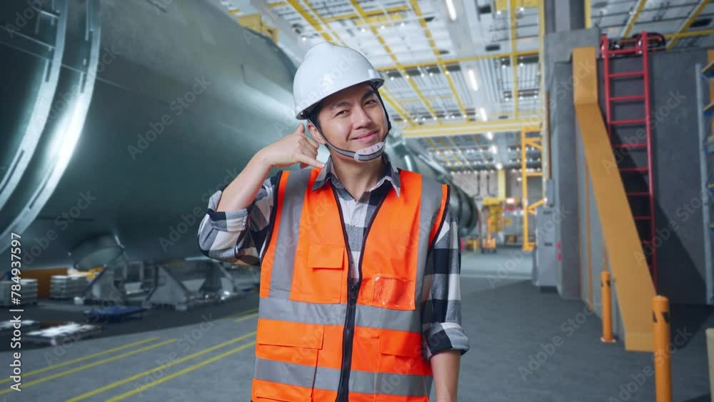 Asian Male Engineer With Safety Helmet Standing In Pipe Manufacturing Factory. Smiling To Camera And Making Call Me Gesture Asian Male Engineer With Safety Helmet Standing In Pipe Manufacturing Factory. Smiling To Camera And Making Call Me Gesture