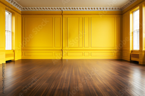 Minimal style interior room modern yellow, brown wood floor in sheets. Sunlight shines through window and inside shadows. Modern interior decoration. Background Abstract Texture.