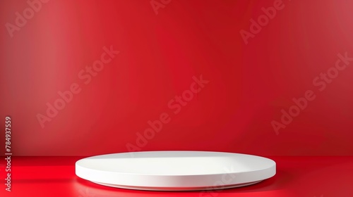 Beautiful round palstic empty podium with space for a product, light Red  background photo