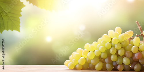 A bunch of grapes hanging from a vine winemaking viticulture with sunlight background
 photo