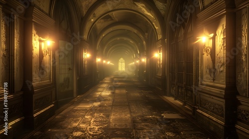 Mysterious and Suspenseful Dimly Lit Ancient Hallway with Echoing Footsteps Cinematic Realism