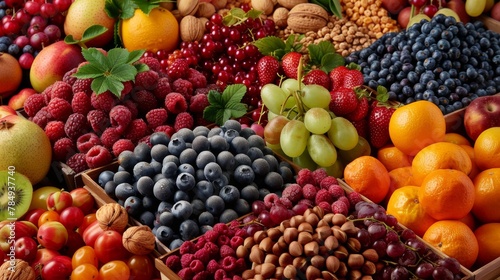 Assorted superfoods on a solid colored background. A variety of superfoods in small bowls, surrounded by fresh fruits, nuts, and vegetables, highlighting a healthy lifestyle