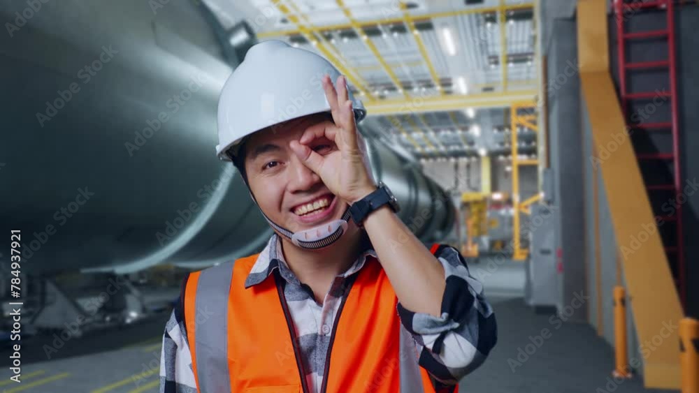Close Up Of Asian Male Engineer With Safety Helmet Standing In Pipe Manufacturing Factory. Smiling To Camera And Showing Ok Hand Sign Over Eye Close Up Of Asian Male Engineer With Safety Helmet Standing In Pipe Manufacturing Factory. Smiling To Camera And Showing Ok Hand Sign Over Eye