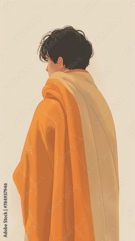 Illustrate a scene where a person is standing with their back to the viewer, enveloped in a blanket that should evoke feelings of warmth and closeness, emphasizing the emotional impact of the product