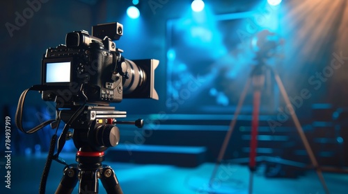 Video movie camera on a tripod in studio photo