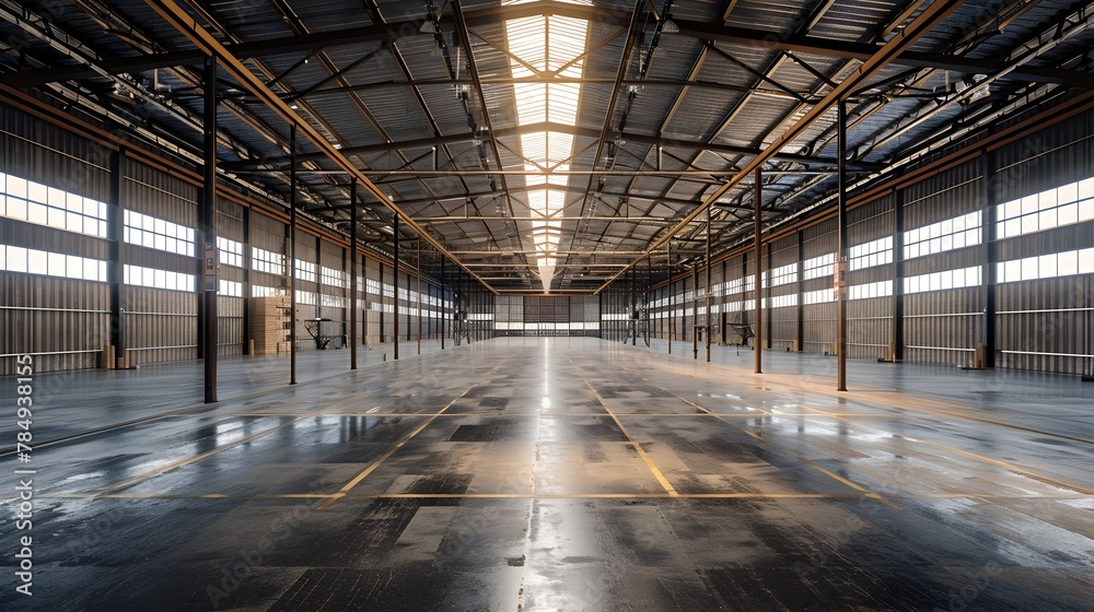 Expansive and Echoing Industrial Warehouse with Concrete Floors and High Ceilings Expansive and Echoing Industrial Warehouse with Concrete Floors and High Ceilings
