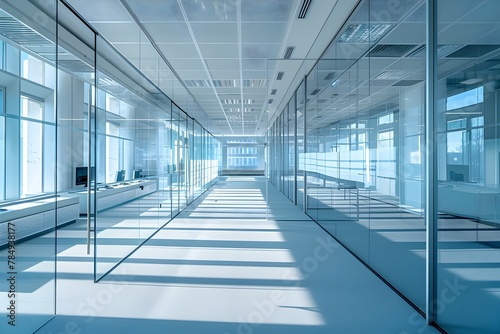 Empty Minimalist Office Corridor with Glass Walls and Clean Geometric Design