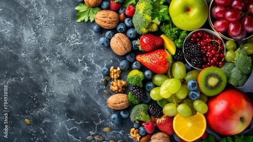 Assorted superfoods in containers on a solid colored background. A variety of superfoods in small bowls  surrounded by fresh fruits  nuts  and vegetables  highlighting a healthy lifestyle
