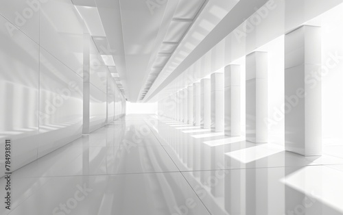 Futuristic abstract 3D white background, has ground, perspective point of view