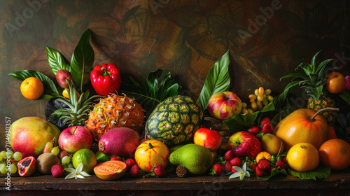 A variety of exotic fruits arrayed on a table photo