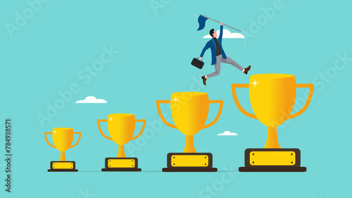 small achievements as motivation to achieve bigger goals, strategies to inspire greater success, smart businessman jumping from small win trophy to get bigger one concept vector illustration