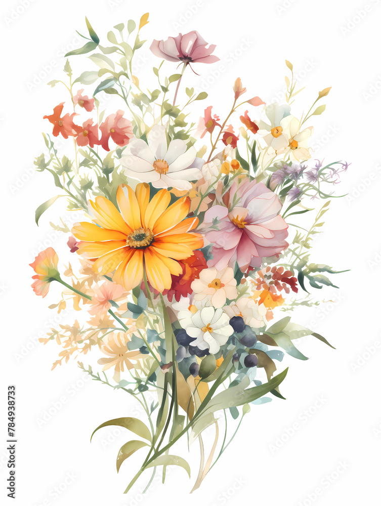 watercolor vintage Wildflower Wall Art, generated ai