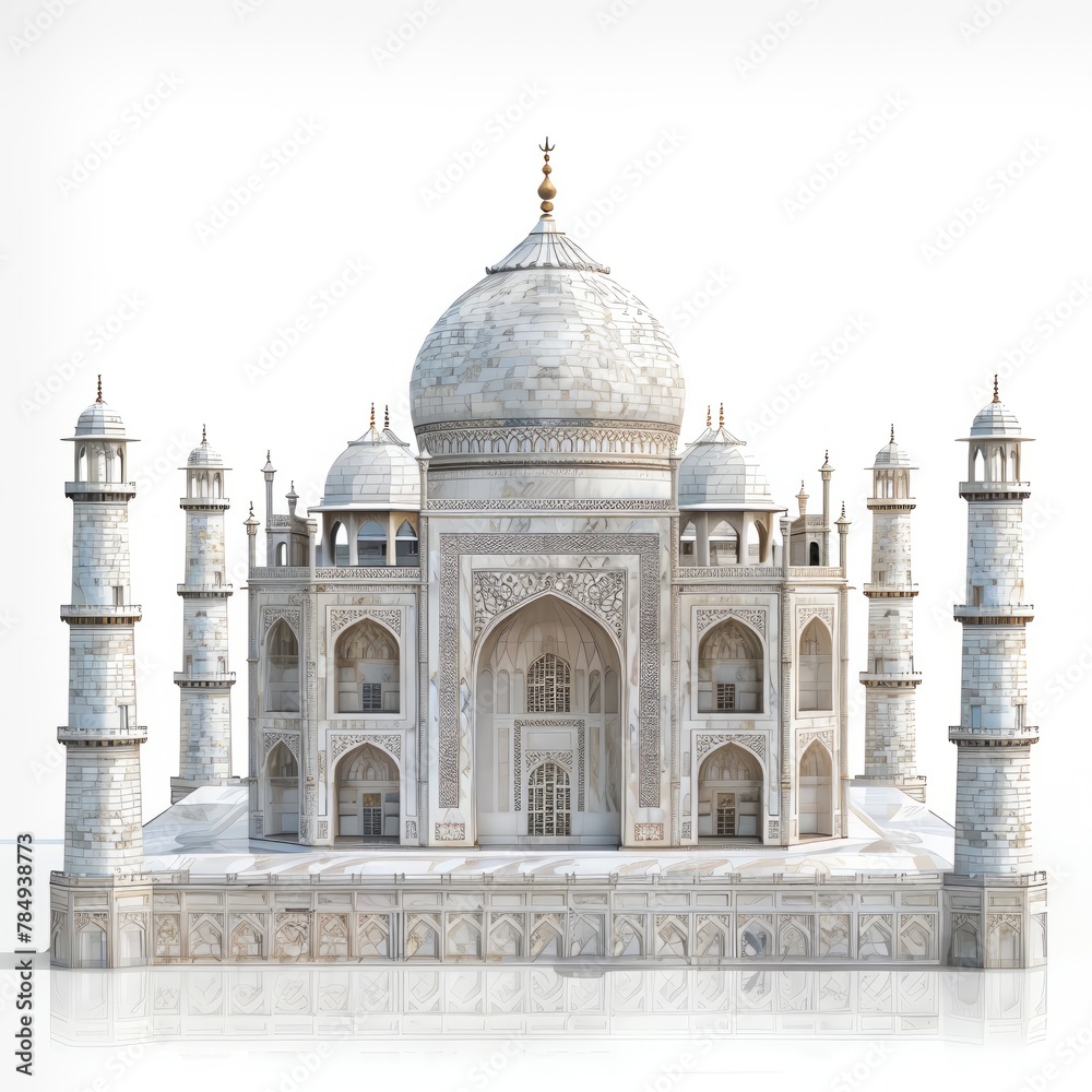 3D Taj Mahal icon, white marble details, realistic, isolated on white background