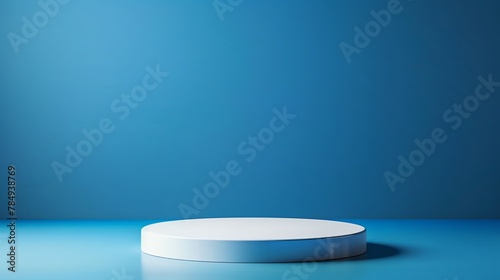 Beautiful round palstic empty podium with space for a product, ligth blue background photo