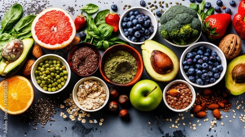 Assorted superfoods in containers on a solid colored background. A variety of superfoods in small bowls, surrounded by fresh fruits, nuts, and vegetables, highlighting a healthy lifestyle