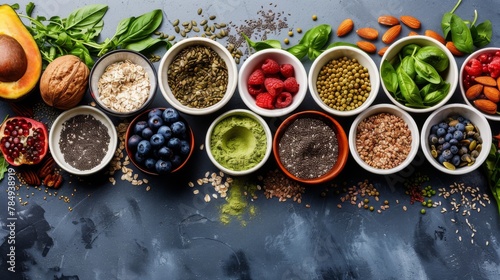 Wallpaper Mural Assorted superfoods in containers on a solid colored background. A variety of superfoods in small bowls, surrounded by fresh fruits, nuts, and vegetables, highlighting a healthy lifestyle Torontodigital.ca