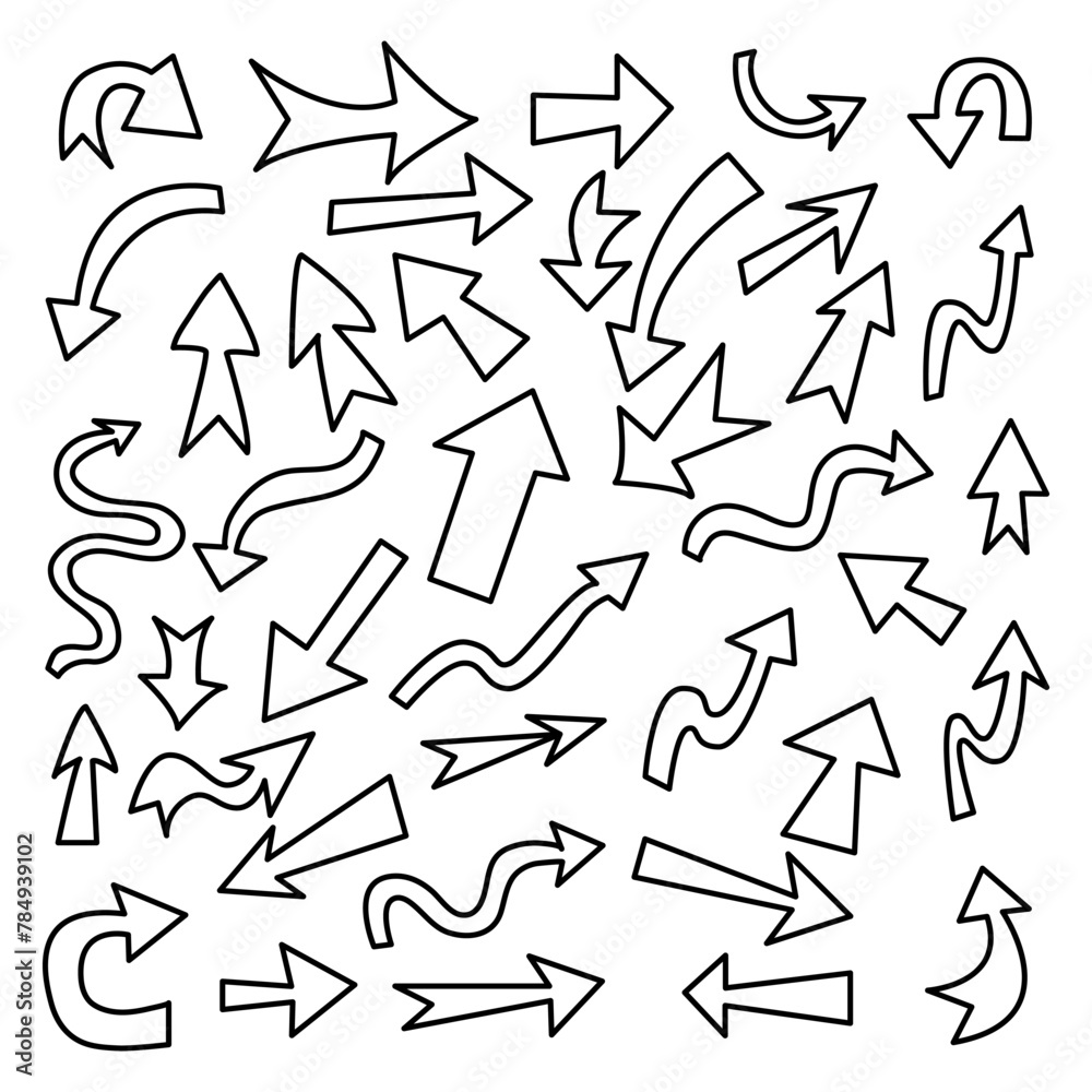 Set of black, hand drawn, doodle spiral arrows. Set of black, hand drawn, doodle spiral arrows.