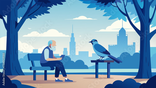 In a bustling city park a serene scene unfolds as an old man finds respite on a bench under a magnificent magnolia tree. A playful blue jay has