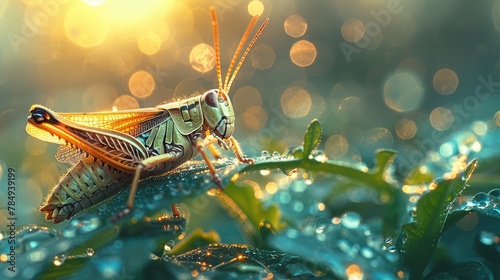 Magnificent Grasshopper Perched Atop a Towering Stem, Surveying Its Leafy Kingdom with Dignity and Grace.