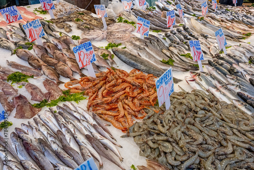 Fresh prawns and more fish and seafood for sale at a market in Naples, Italy