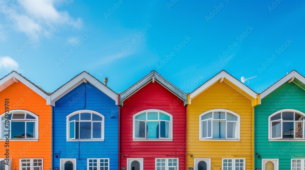 A row of colorful houses in the city with blue background and copy space A row of colorful houses in the city with blue background and copy space
