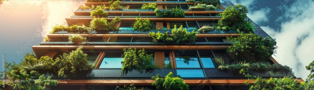 Sustainable building exterior made of recycled materials, featuring living green walls and water conservation systems.