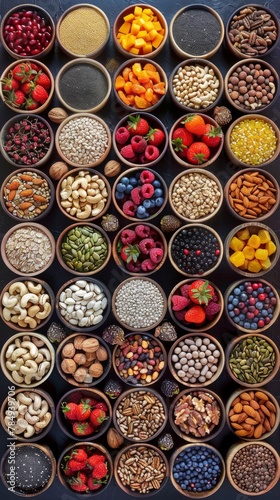 Assorted superfoods in containers on a solid colored background. A variety of superfoods in small bowls, surrounded by fresh fruits, nuts, and vegetables, highlighting a healthy lifestyle © MiniMaxi