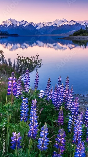 Lake Surrounded by Purple Flowers With Mountain in Background