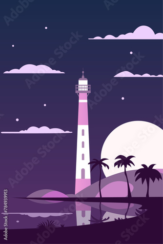 Vintage style beach, coastal landscape with lighthouse at night, vector retro poster illustration	