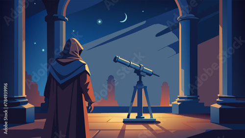 In a dimly lit temple a hooded figure stands before an ornate telescope carefully observing the glittering stars through its lenses while an
