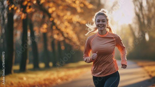 Full length of happy sportswoman jogging in park