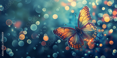 A Natural bokeh light effect  background. Morpho butterfly and dandelion. Seeds of a dandelion flower in droplets of dew on a background of sunrise. Soft focus. Copy space photo