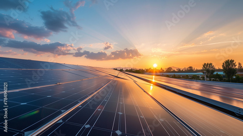 solar panels on business roof with sun in background golden hour