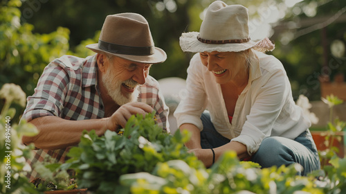 Elderly couple together gardening, nurturing plants and bonding in serene home garden. Happy senior moments. 
