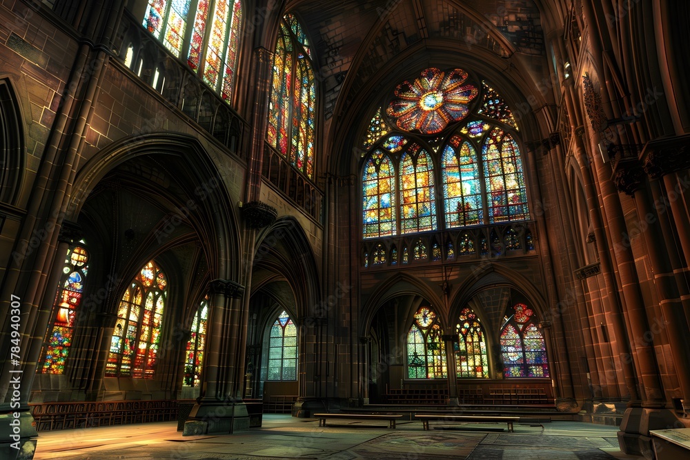 Majestic Cathedral Interior with Stained Glass Windows