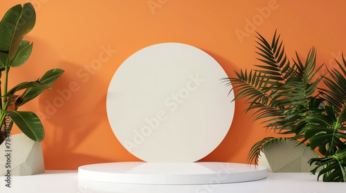 Beautiful round palstic empty podium with space for a product, orange background photo