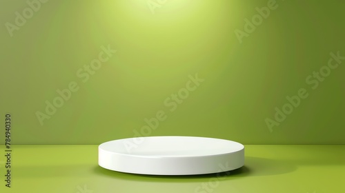 Beautiful round palstic empty podium with space for a product, light green background, for product stage, promote product mockup photo