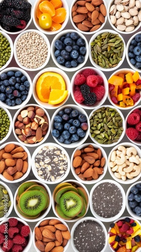 Assorted superfoods in containers on a solid colored background. A variety of superfoods in small bowls  surrounded by fresh fruits  nuts  and vegetables  highlighting a healthy lifestyle