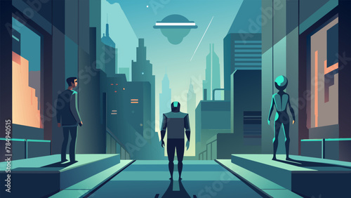 As they walk through a bustling futuristic city a human and an alien exchange curious glances. In the background holographic adver and advanced
