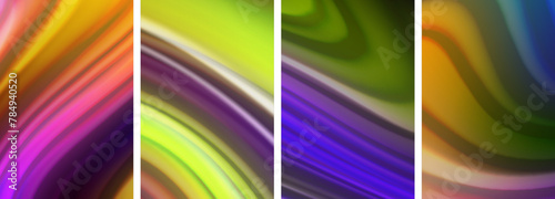 Vibrant waves of purple, violet, magenta, and grass green colors flow gracefully on a white background, resembling a liquid motion inspired by terrestrial plants