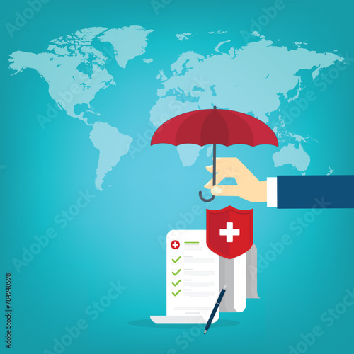 Medical healthcare insurance. Red shield on patient protection policy and pen on a world map background. International health insurance concept. Vector illustration