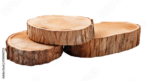 A stack of four round wooden logs isolated on a white background