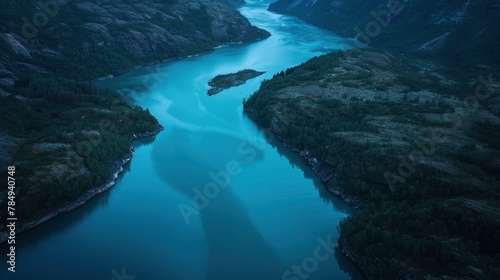 Scenic aerial view of the mountain landscape with a forest and the crystal blue river in Jotunheimen National Park