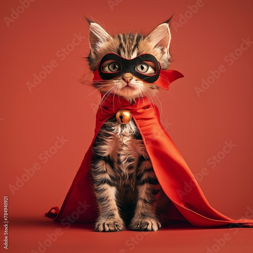 Cute kitten in a superhero cape and mask  vibrant red background