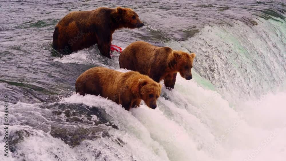 Three Grizzly bears fishing at the top of a waterfall. One bear eating a salmon that it caught Three Grizzly bears fishing at the top of a waterfall. One bear eating a salmon that it caught