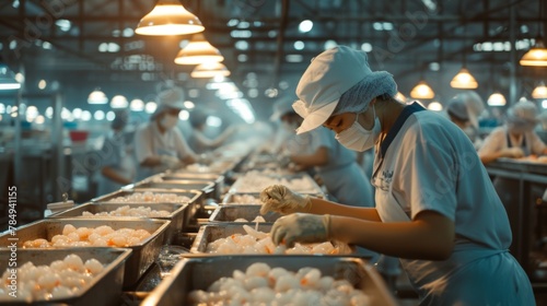A shrimp factory workers working in a factory photo