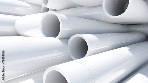 White PVC pipes stacked in construction site ColdWeather EnergySavings with white background
 photo