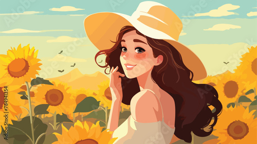 Young beautiful woman on blooming sunflower field i