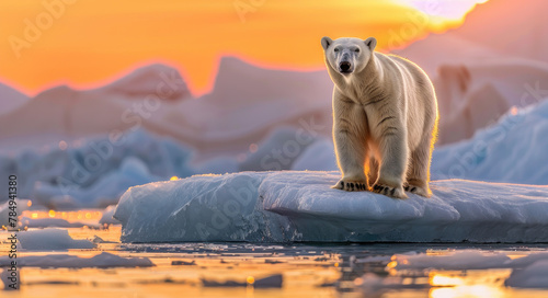 A polar bear stands on the melting ice of the Arctic Ocean, with orange and yellow hues in its fur against an endless horizon. photo